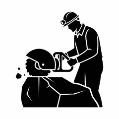 Industrial worker cutting rock with power saw silhouette.
