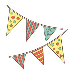 Obraz premium Bright, festive party flags in a rainbow of colors flutter joyfully, adding a lively, cheerful vibe to any celebration, perfect for birthdays, festivals, or outdoor fun. 