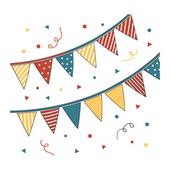 Obraz premium Bright, festive party flags in a rainbow of colors flutter joyfully, adding a lively, cheerful vibe to any celebration, perfect for birthdays, festivals, or outdoor fun. 