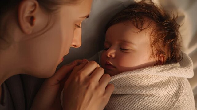 Leaning mother seeing swaddled infant bedside, cupping hand and smoothing knit swaddle, soothing
