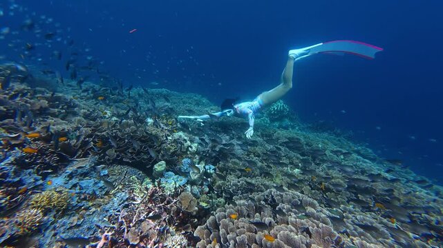 Woman Freediving with Underwater Exploration in Tropical Waters Over Colorful Coral Reef	