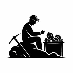 Miner examining precious stones with pickaxe and treasure chest. © Maonah