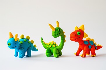 Fototapeta premium Cute plasticine dinosaurs trio colorful clay toy characters isolated on white background playful kids creativity concept