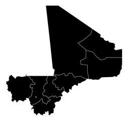 Mali black fill with white state borders map vector graphic illustration geography silhouette shape national border design isolated transparent background political territory cartography atlas eps © VectorMapArt