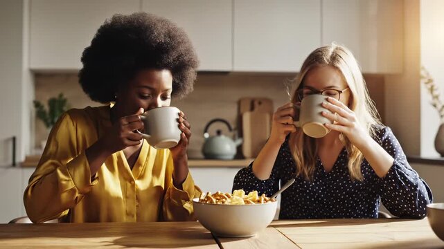 Two women share snacks with coffee in kitchen. Friends enjoy bowl of snacks during conversation. Women drink coffee together at table. Kitchen gathering with friends sharing snacks and coffee.