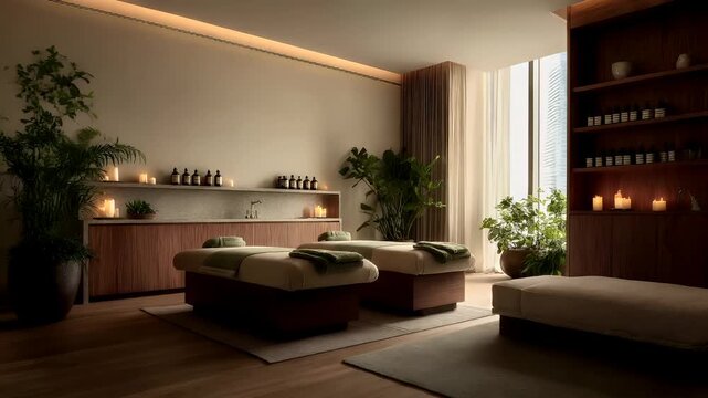 Therapy stress release treatment, health lifestyle. A tranquil spa room with two massage tables adorned with green towels, a wooden floor covered with a carpet, potted plants.