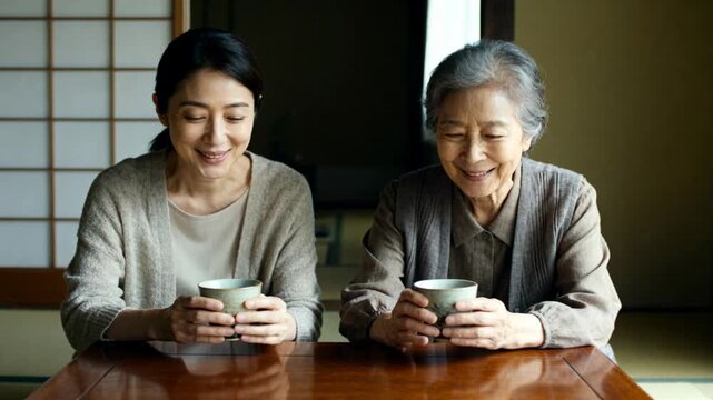 Lowering gaze mother and daughter exchanging smiles in tatami room for tea holding ceramic teacups