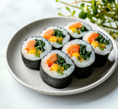 Homestyle Korean Gimbap with Fresh Salmon, Spinach and Yellow Radish Filling on Speckled White Plate, Bright Natural Lighting
