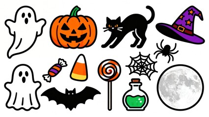 Obraz premium Set of Halloween icons with ghost, pumpkin, cat, witch hat, bat, candy, and moon. Cute cartoon sticker collection for party decoration and greeting card design. Festive holiday element.