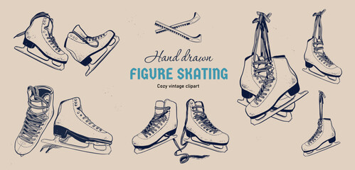 Obraz premium Figure Ice Skates vector hand drawn illustration set. Various pairs in vintage style. Perfect for winter holidays, sports shops, christmas projects.