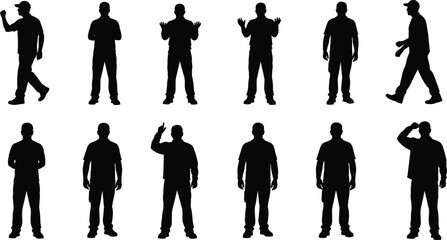 Set of male human silhouettes in different poses walking waving standing and gesturing isolated on white background for people characters body language collection © MDSAIDUL