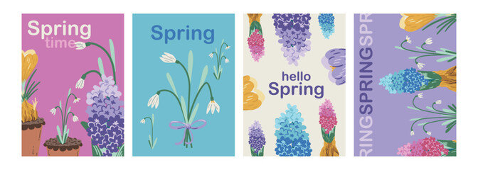 Hand-drawn collection of spring greeting cards with potted crocuses, hyacinths, and snowdrops © Viktoriia Blazhuk
