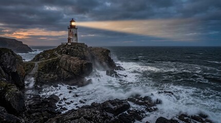Fototapeta premium A majestic lighthouse beams its guiding light through a stormy seascape, its stone structure a steadfast sentinel against the crashing waves.