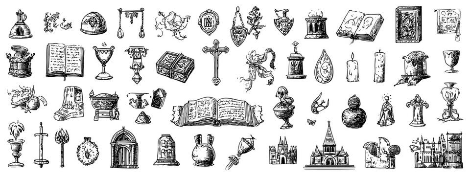 Medieval Heraldry and Knight Symbols Icon Set in Vintage Engraving Style Middle Age
