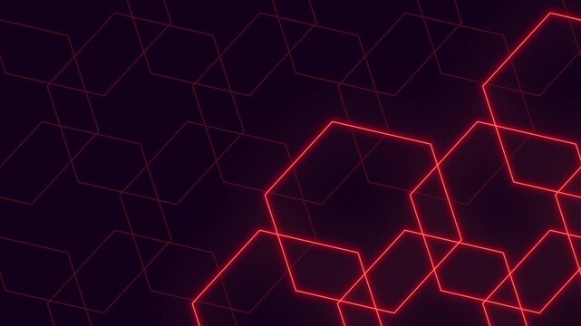 Glowing red hexagon grid background with neon lines, futuristic tech footage