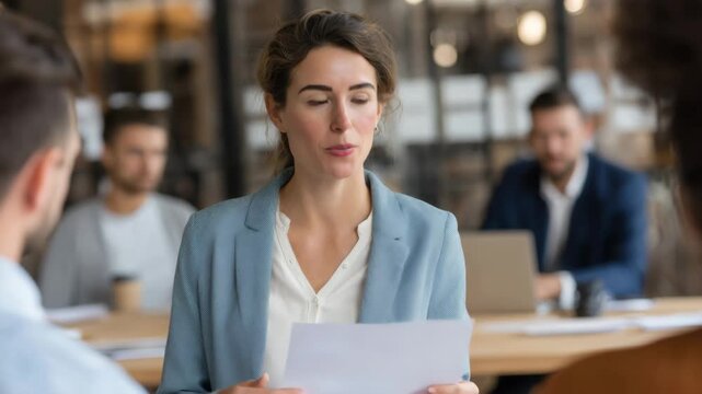 A woman presents key points in a meeting with colleagues in a contemporary office environment. Participants engage actively in a strategic conversation.