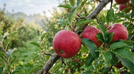 Close-up of ripe, red apples hanging on a branch in an orchard, embodying the essence of nature's bounty and the promise of a crisp, delicious harvest.