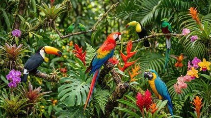 Fototapeta premium A vibrant chorus of exotic birds amidst a symphony of colorful blossoms and lush foliage, creating a tropical paradise.