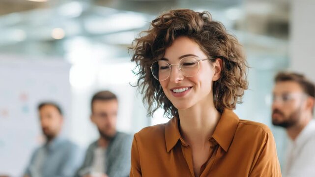 In a contemporary office environment, a woman with curly hair and glasses radiates positivity while engaging with coworkers during a productive meeting focused on collaboration and innovation.