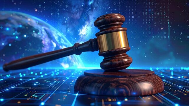 Gavel Striking Sound Block in Futuristic Digital Law and Global Technology Concept