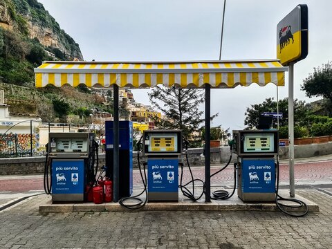 Naples, Italy - 5. March 2026: Eni gas station with fuel pumps along Amalfi Coast road