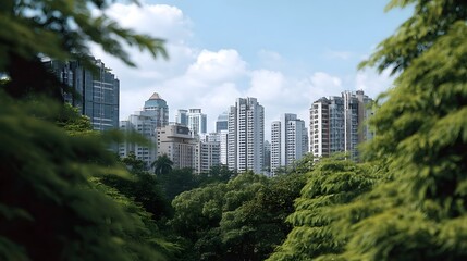 A tranquil urban vista where modern skyscrapers emerge from behind lush vibrant green trees under a bright partly cloudy blue sky