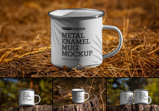 4 Enamel Mug Mockup. Rustic Outdoor Coffee Cup Branding