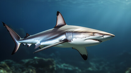 Obraz premium Blacktip Shark swimming gracefully in clear blue water, showcasing its fins and sleek body