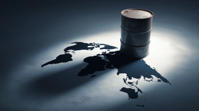 Global energy crisis impacting world map with oil barrel