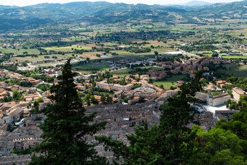 Fototapeta premium Aerial View of Gubbio with the Funivia Colle Eletto Cable Car