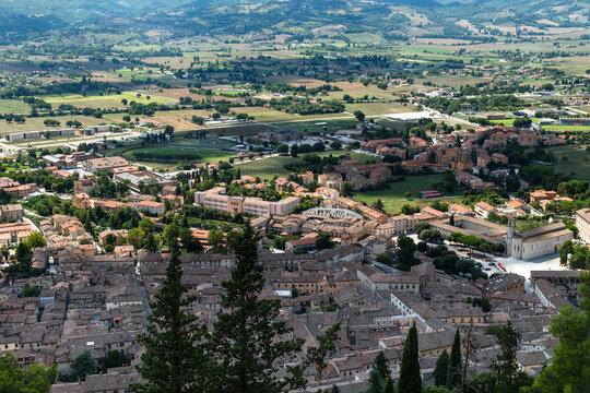 Aerial View of Gubbio with the Funivia Colle Eletto Cable Car