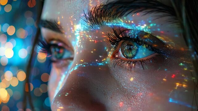 Close Up of Woman with Digital Cityscape Face Art.