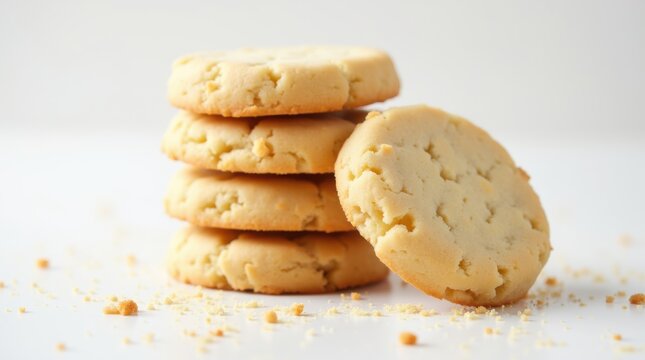 Delicious shortbread cookies stacked on white surface with crumbs 
