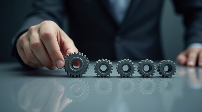 Hand adjusting metal gear on table representing change management transformation, strategy alignment, process optimization and leadership intervention