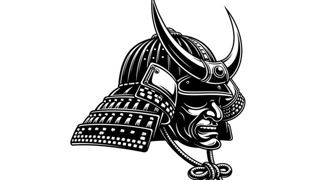 Detailed Samurai Warrior Helmet Illustration with Intricate Design Elements.