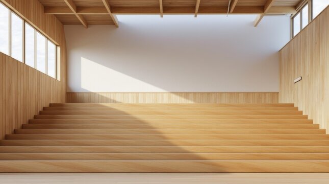 Wooden Bleachers in Modern Gymnasium with Minimalist Design Offering Spacious and Comfortable Seating Arrangements for Spectators and Teams 