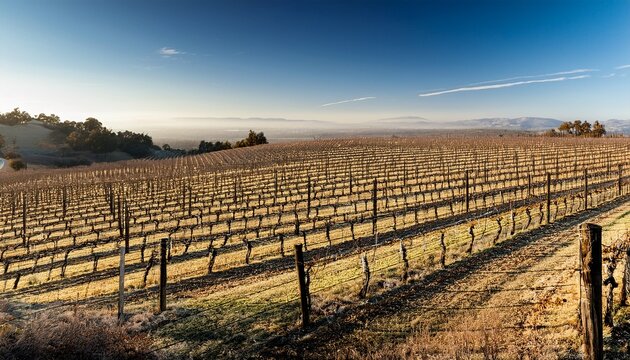 Bare Vines In Winter Forming Patterns Across Landscape In Vineyards Off Silverado Trail Near Napa California