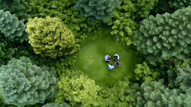 Aerial view of a group of people sitting in a circle on a grassy clearing within a dense lush green forest