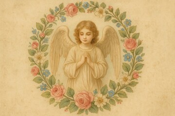 Naklejka premium Vintage angel with flowers background
