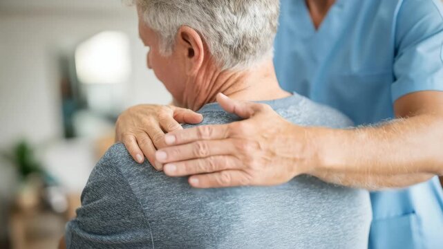 A senior man is engaged in a rehabilitation session, receiving attentive care from a medical professional in a bright, welcoming healthcare environment. The focus is on providing comfort and support.