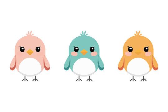 Set of cute simple birds in flat vector style with rounded shapes and pastel colors. Minimal child friendly illustration isolated on white background.