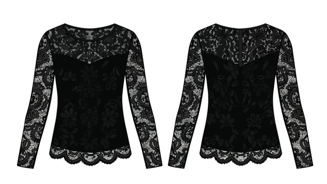 Exquisite black lace long-sleeved top with delicate floral patterns and scalloped hem showcasing elegant women's evening wear design aesthetic flair
