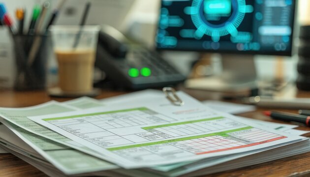 Closeup of wholesale trade invoices sharply focused on a desk blurred office workflow tools and a cash advance status screen adding context in the backdrop.