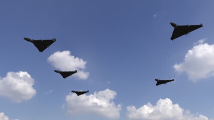 Naklejka na ściany i meble Swarm of delta-wing-shaped military attack drones in the sky - 3D rendering