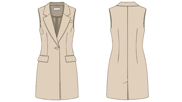 Professional Women's Sleeveless Blazer Flat Technical Drawing Beige Apparel Design Front Back View