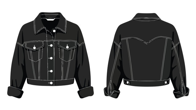 Vector technical drawing of a stylish black denim jacket, front and back views, with prominent white contrast stitching for apparel design