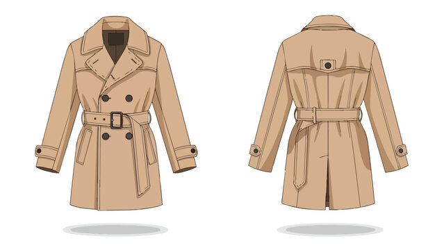 Elegant beige trench coat illustration front and back views showcasing classic fashion with double-breasted buttons, belted waist, and sophisticated
