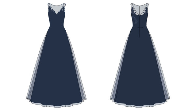 Navy blue formal dress flat sketch. Elegant V-neck bodice, lace details, A-line skirt. Front and back views. Ideal for apparel design and evening