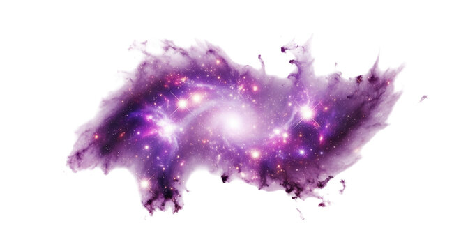 Vibrant purple galaxy PNG isolated on transparent background, cosmic nebula with stars and dust clouds for space exploration concepts
