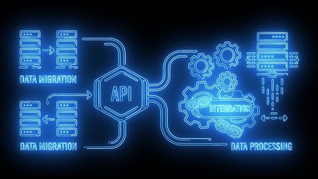 Neon-lit API flowchart diagram with glowing blue lines and icons on a dark background illustrating data migration and processing.